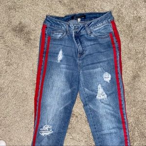 Red Striped Side Jeans Ripped Skinny
